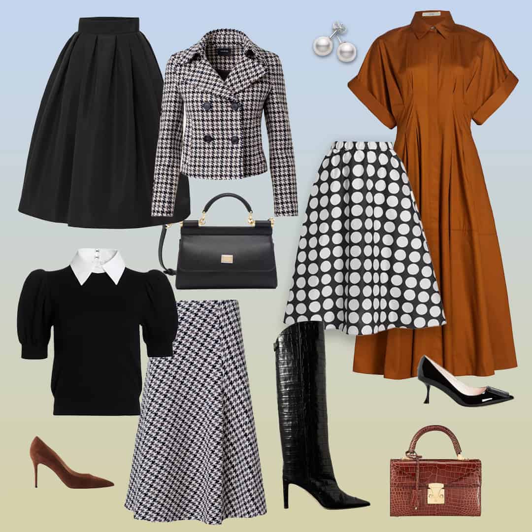 Collage of stylish apparel highlighting the fall 2023 trend of '50s ladylike silhouettes.