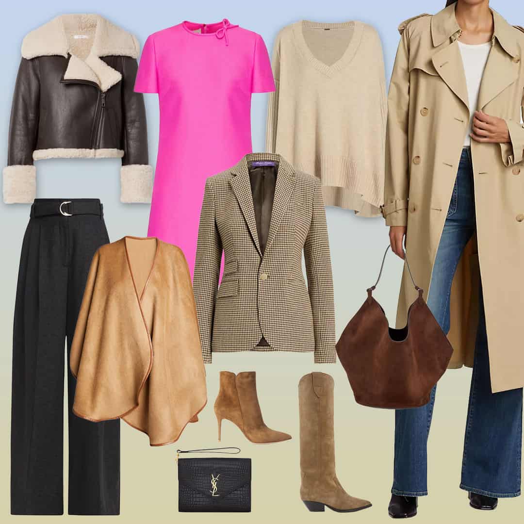 A collage of trending apparel and accessories for Fall 2023