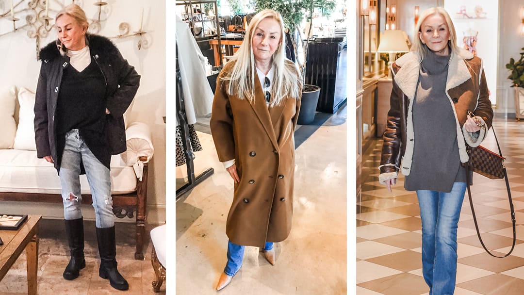 A triptych of Bobbi wearing chic winter coats.