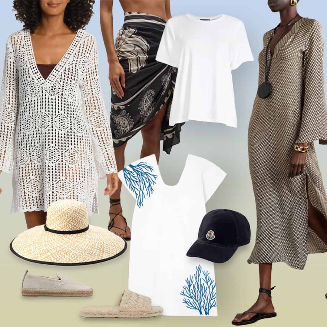 Swimwear looks for Spring and Summer including cover-ups, hats, and shoes.
