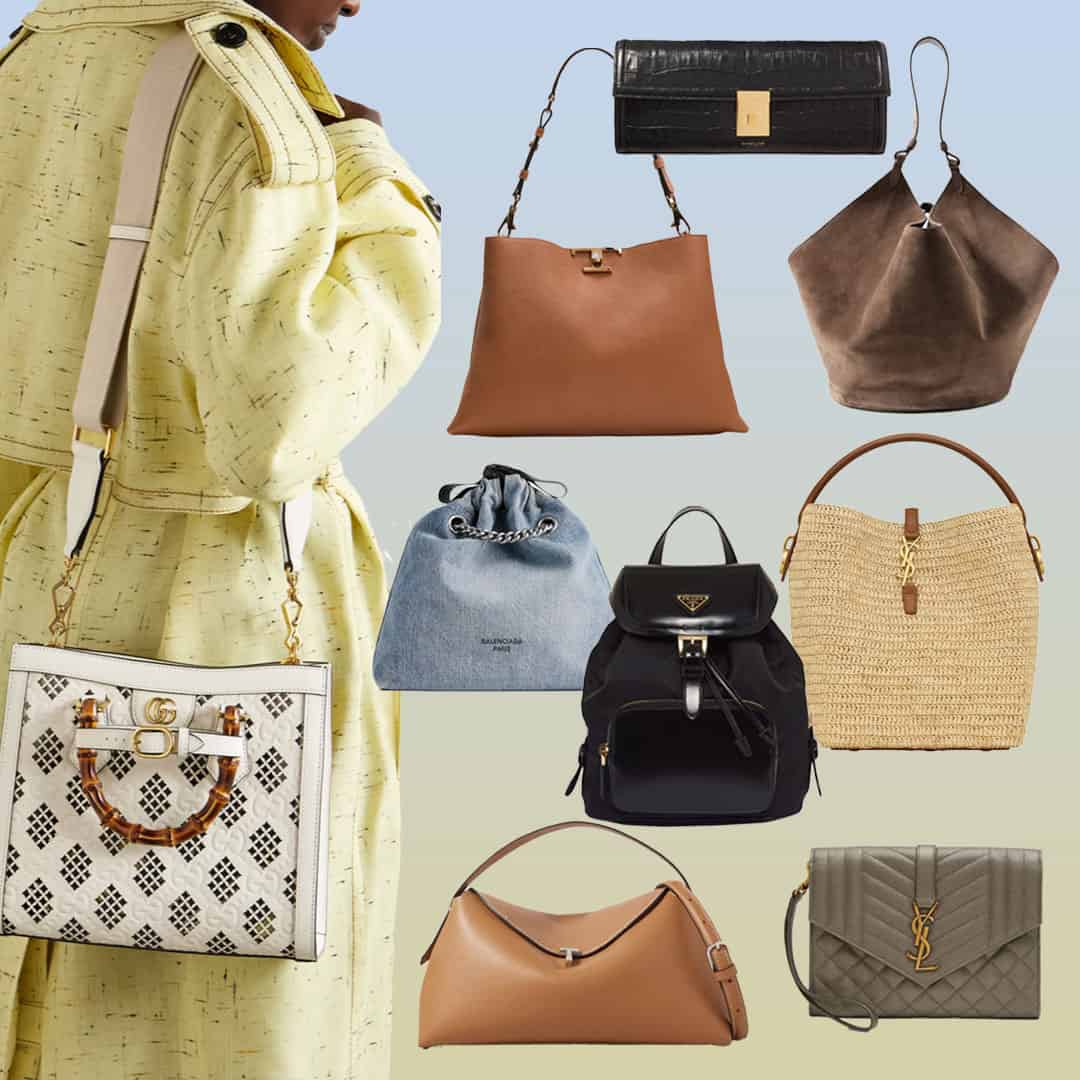 A photo collage of trending handbags for Spring and Summer 2024.