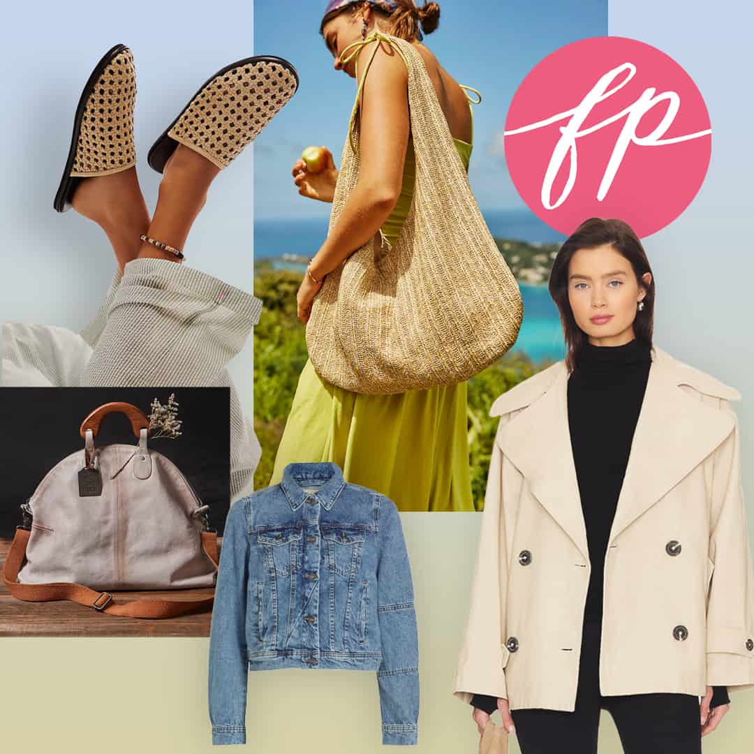 A collage of Free People apparel, shoes, and bags.