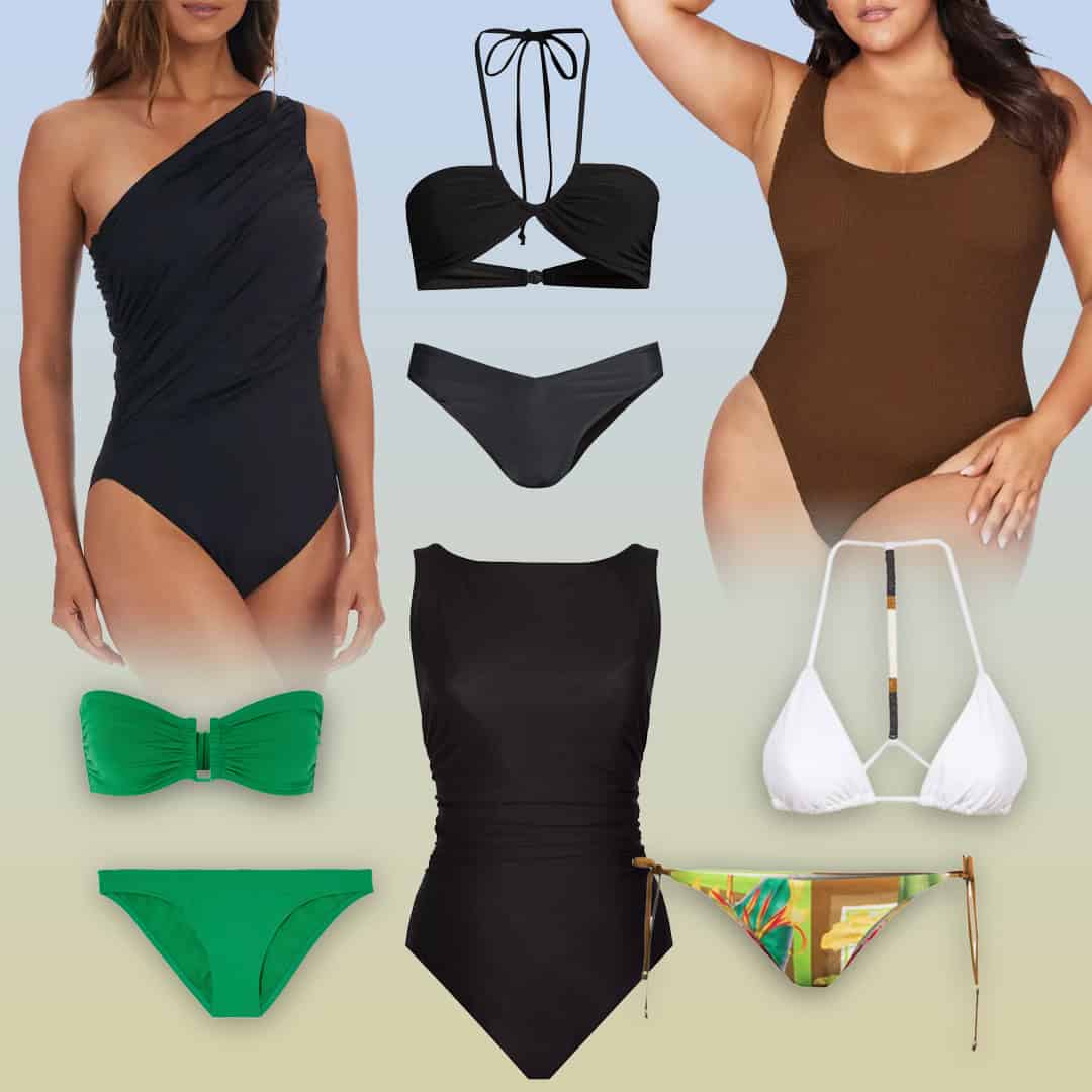 A collage of one- and two-piece swimsuits.