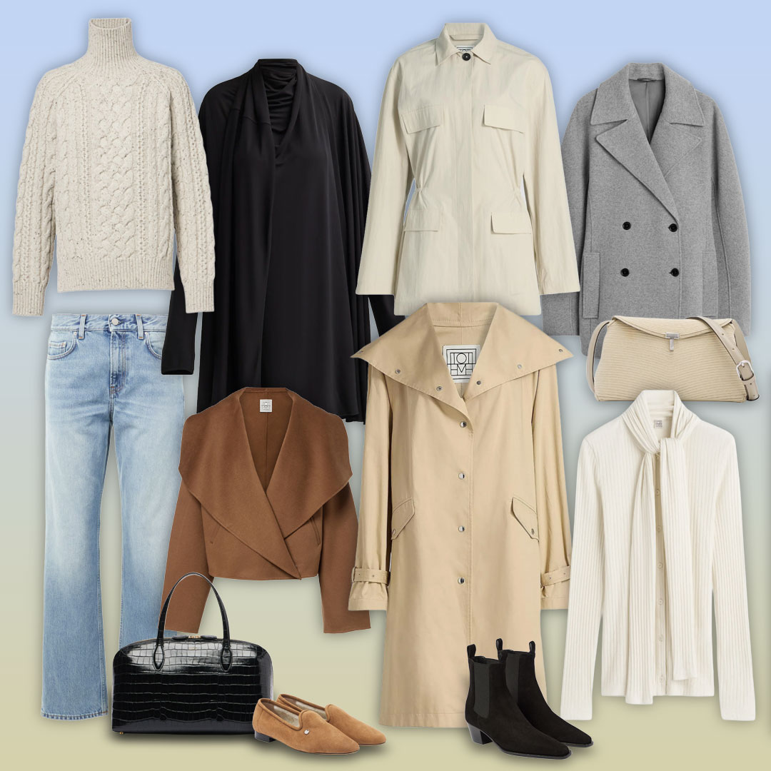 An editorial layout of a curated selection of apparel from the design house, Toteme.